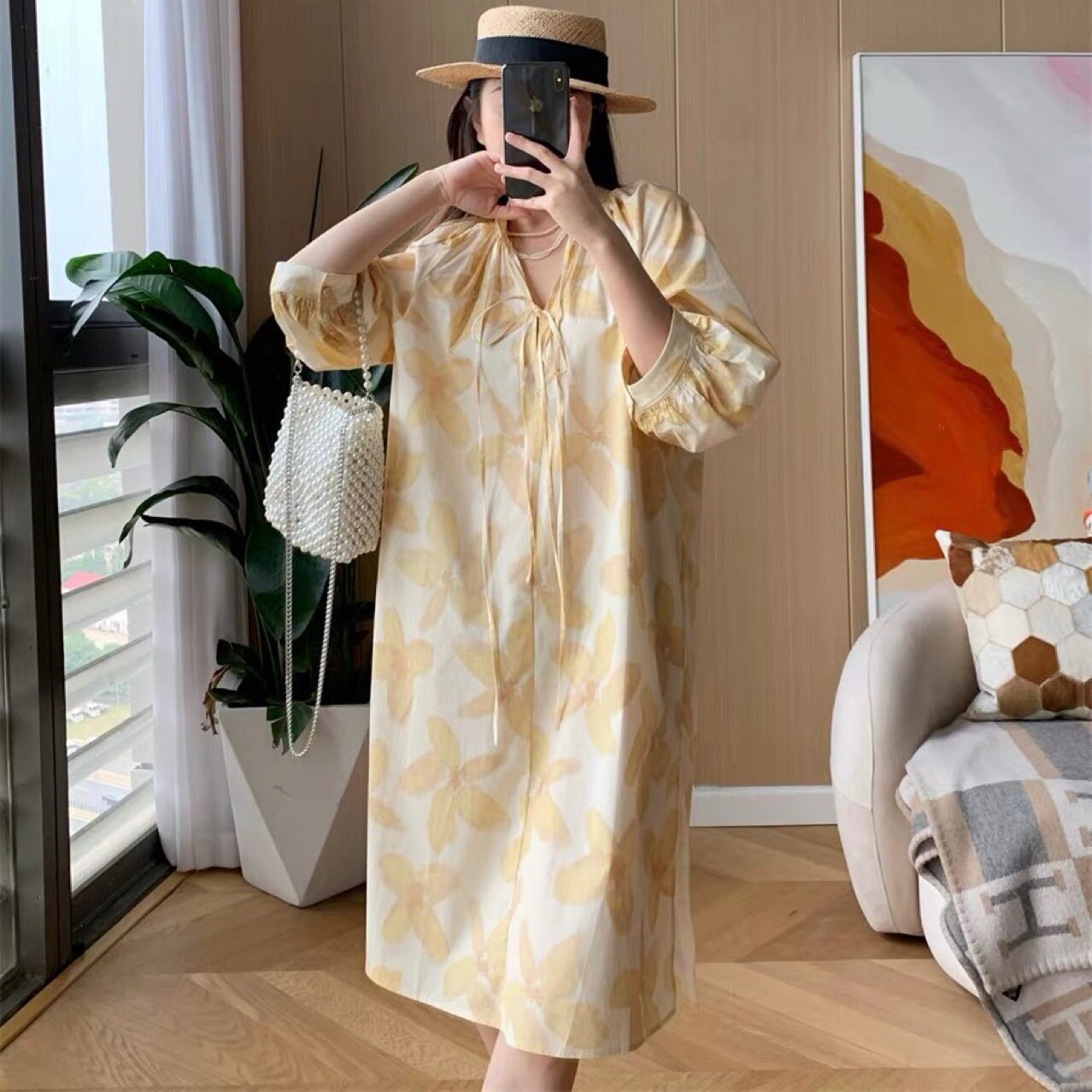 Hainan Sanya beach dress, yellow iris floral print dress, loose mid-length dress for seaside vacation Specification image